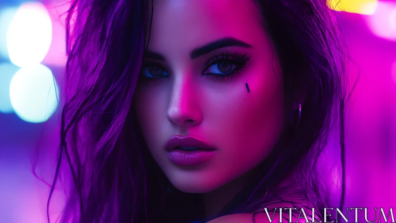 Neon-lit cyber-noir portrait isolates intense female gaze