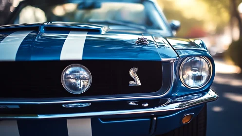Blue classic muscle car front view with racing stripes.