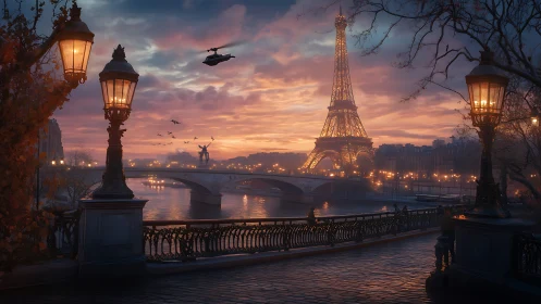 Romantic Paris riverwalk glowing under a dreamy sunset sky.