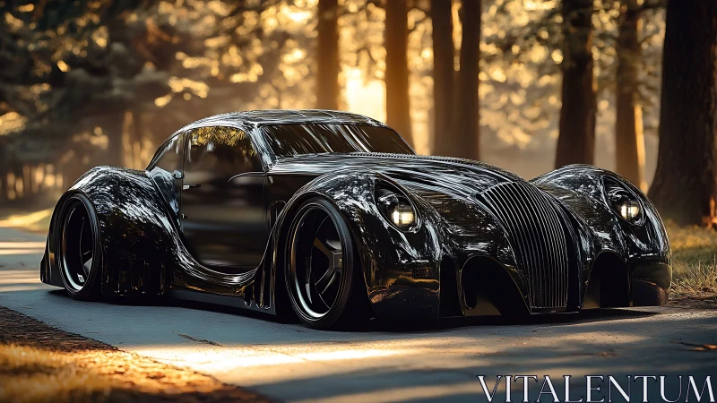 Photorealistic retro-futurist concept coupe in forest light.
