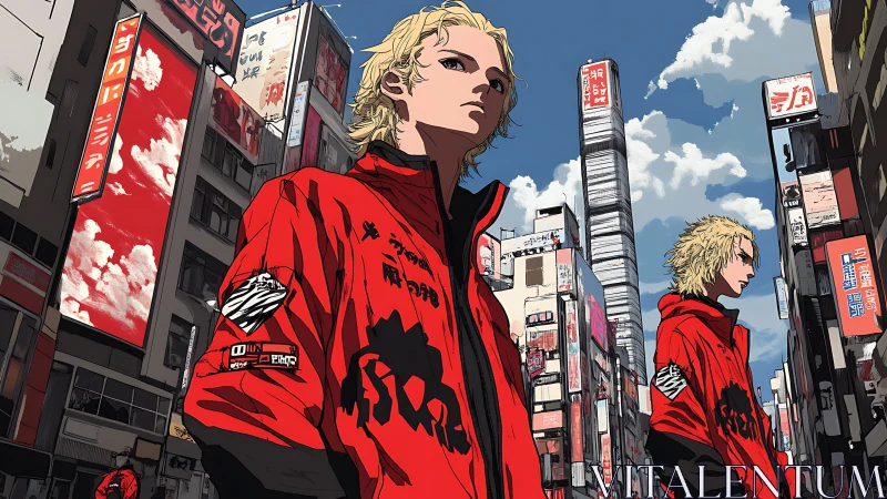 Blonde street gang trio patrols neon city canyon skyline.