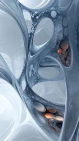 Fractal metallic arches frame glowing amber core spheres.