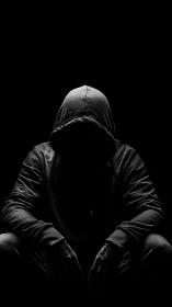 Mysterious hooded figure rests quietly in deep dramatic shadow