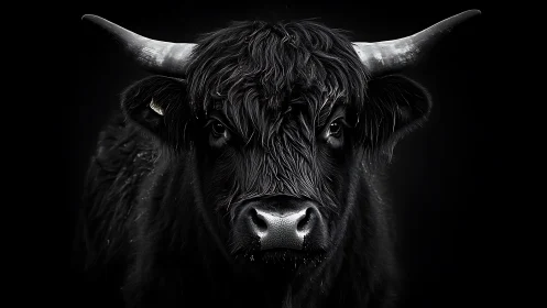 Black highland bull portrait under dramatic low key light.