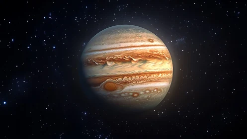 Planet Jupiter rendered with swirling atmospheric bands visible