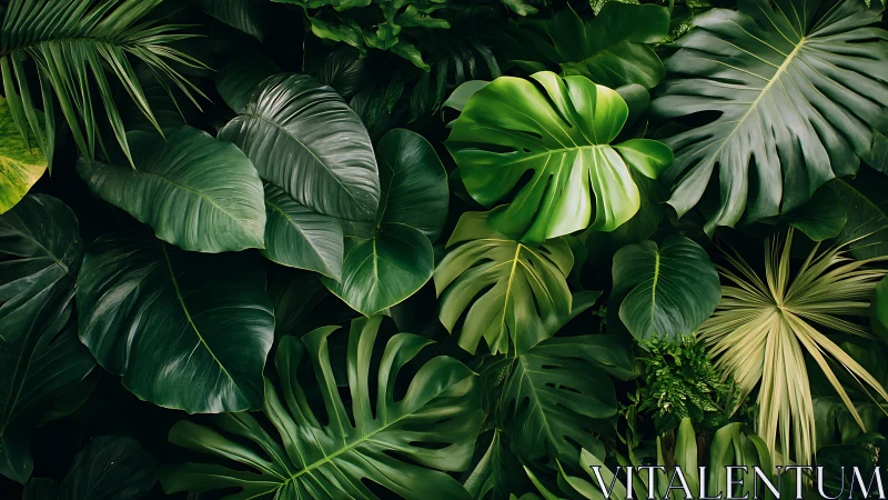 Dense arrangement of tropical foliage in varied green tones.