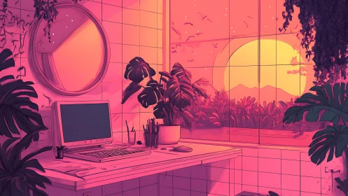 Digital painting of sunset workspace with lush indoor botanicals.