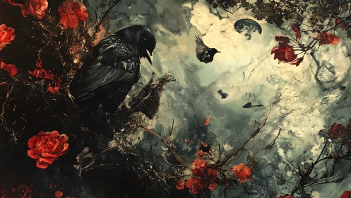 Midnight crows trade secrets among bloodred blossoms