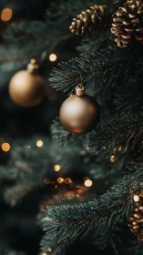 Golden ornaments glow softly on a gently lit Christmas tree