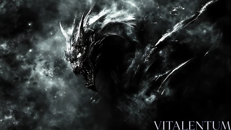 Shadow dragon emerges through swirling cosmic smoke