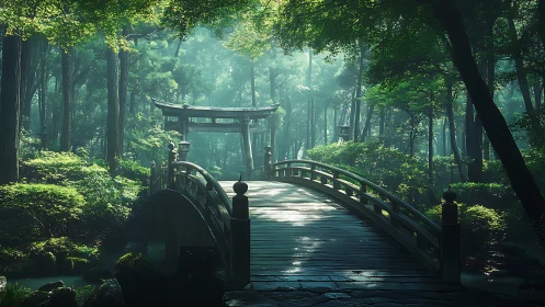 Curved wooden bridge to torii gate in misty green forest.