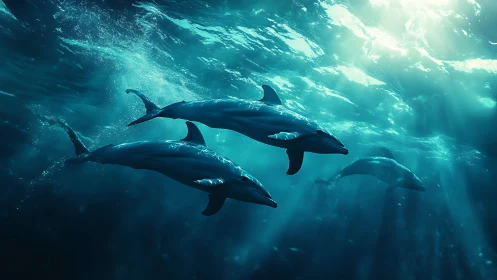 Pod of dolphins swimming through deep blue ocean light.