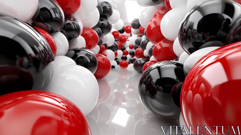 3D tunnel of glossy red, white, black reflective spheres.