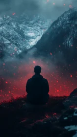 Solitary silhouette amid glacial peaks and incendiary mistfield.