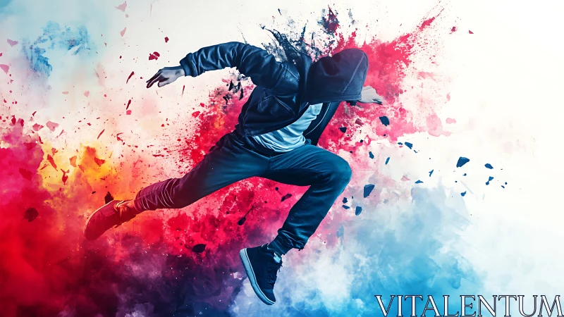 Bursting street dancer leaps through vivid color clouds