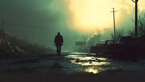 Lone wanderer strolling through a misty sunrise street.