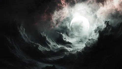 Luminous full moon above storm-torn monochrome cloudscape.