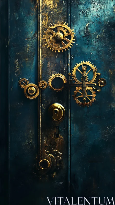 Steampunk brass gear lock on distressed teal metal door.
