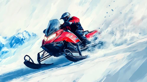 Scarlet snowmobile carving fierce arcs across frozen mountains.