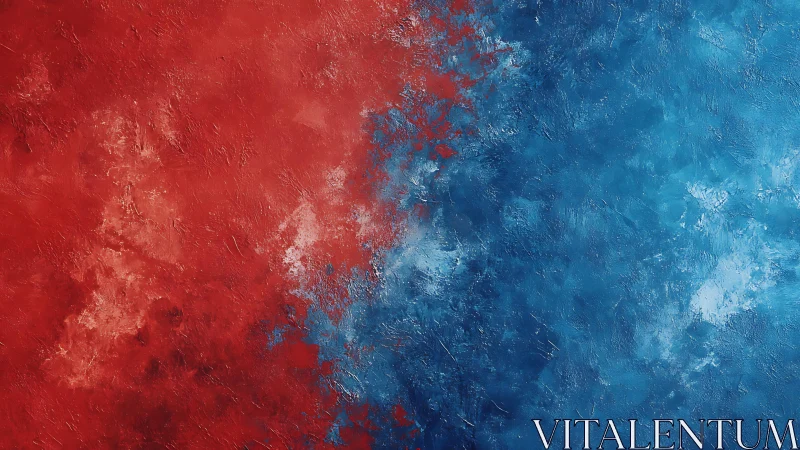 Abstract red and blue textured painting with bold color contrast.