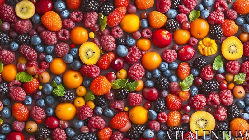 Colorful mixed berries and fruit slices form dense pattern