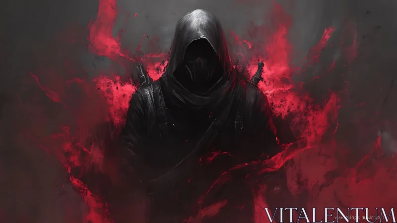 Digital painting of hooded assassin in crimson vortex field.
