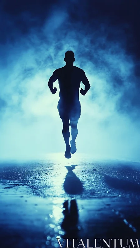 Backlit runner silhouette in volumetric blue atmospheric haze.