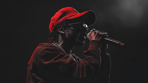 Hip hop vocalist in red cap under dramatic stage lighting.