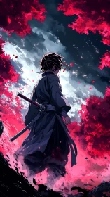 Backlit lone swordsman under crimson foliage and storm sky