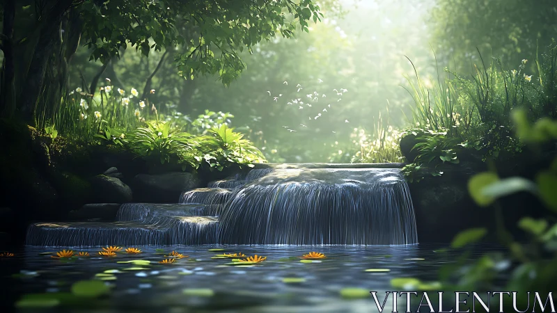 Digital painting of tranquil woodland cascade composition.