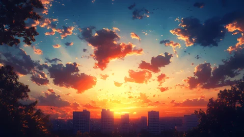 Radiant volumetric sunset over midrise urban skyline.