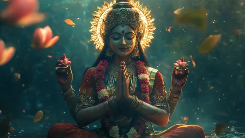 Divine four-armed goddess meditates amid drifting lotus petals