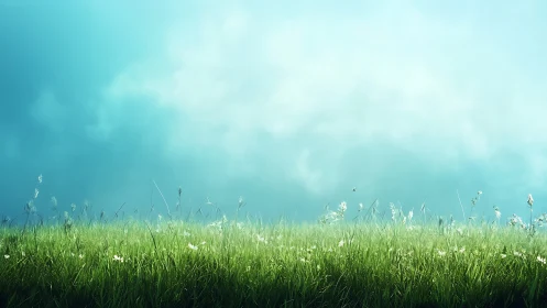 Soft morning light drifts over tranquil spring meadow grass