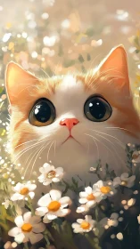 Orange and White Cat with Hyperrealistic Eyes in Floral Setting