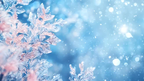 Crystalline winter leaves catch light against soft bokeh snow