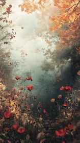 Autumn forest glade with red wildflowers and drifting leaves.