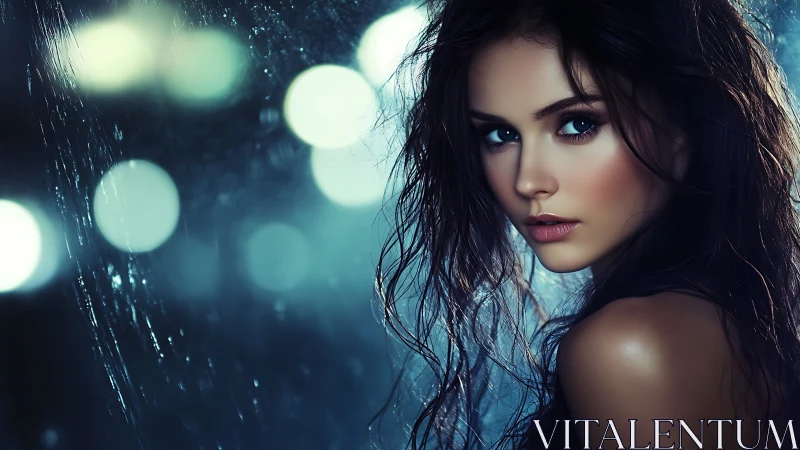 Midnight rain muse with luminous eyes and city echoes.