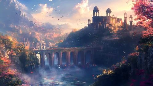 Elevated river citadel with arched viaduct in diffuse twilight.