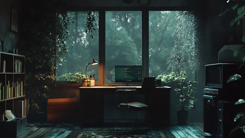 Moody home office with computer desk facing lush window view.