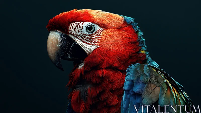 Vivid Scarlet Macaw Portrait in Dramatic Photorealistic Style.