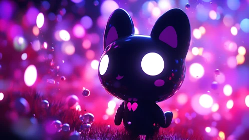 Glowing chibi cat character in neon bokeh lights scene.