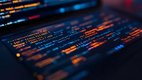 Source code displayed on laptop screen with neon syntax