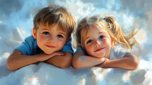 Children in Clouds. Serene Digital Portrait of Siblings.