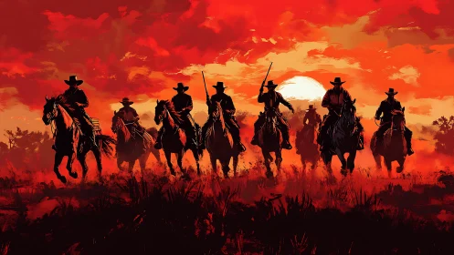 Silhouetted cowboy riders cross a dust-filled plain at red sunset