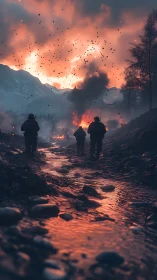 Infantry patrol in burning alpine valley at dusk, HDR lighting