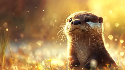 Sunlit otterling pauses to listen to the golden morning
