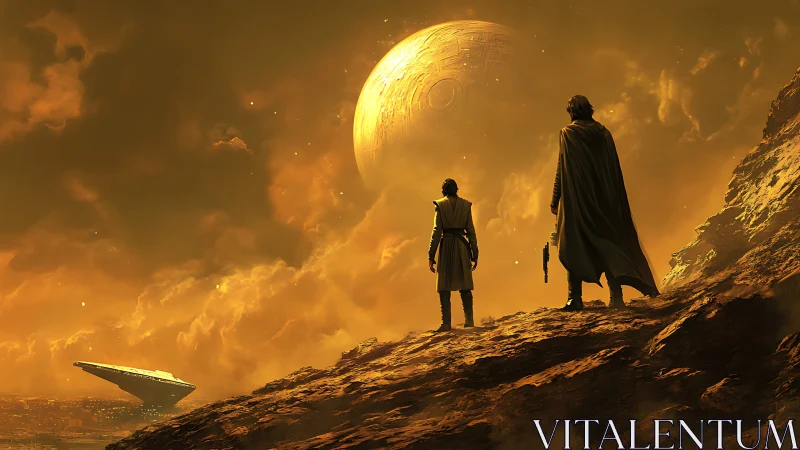 Cinematic sci-fi vista with cloaked figures on alien ridge.