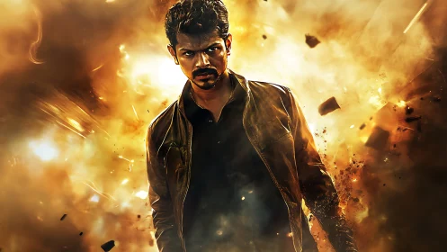 Intense action hero framed by cinematic firestorm lighting.