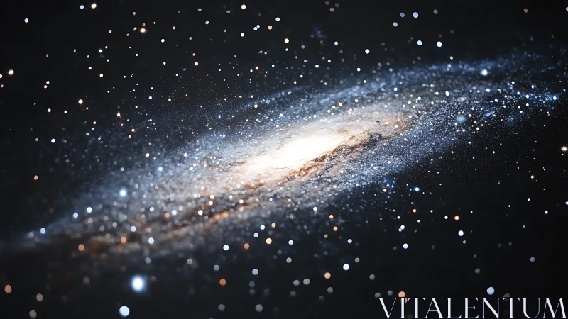 Spiral galaxy with dense star field in dark space background.