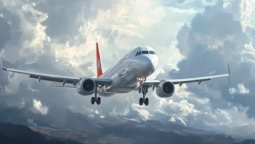 Commercial jet airliner on final approach in cloudy sky.